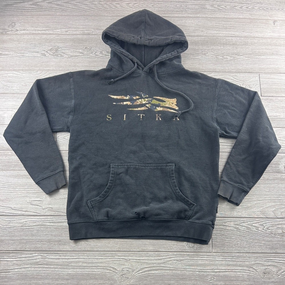 Sitka Gear Mens Logo Hoodie Black Camo Graphic Pullover Sweatshirt Medium 1232